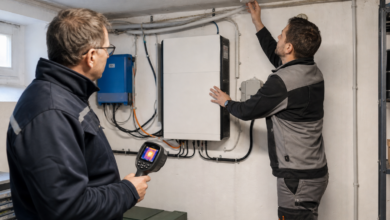 Fachleute kontrollieren Temperatur und Rauchmelder an einem Photovoltaik-Speicher [Bildinhalt mit KI erstellt]