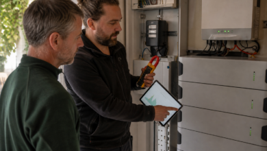 Energieberater und Hausbesitzer bestimmen die passende Größe eines Photovoltaik-Speichers [Bildinhalt mit KI erstellt]