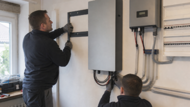 Installateure ergänzen eine bestehende Photovoltaikanlage um einen Batteriespeicher [Bildinhalt mit KI erstellt]