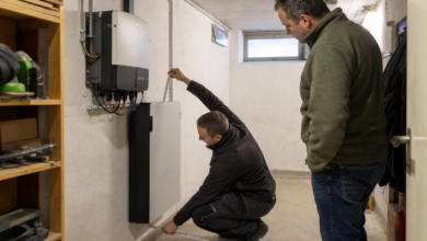 Techniker misst die notwendigen Abstände rund um einen Photovoltaik-Speicher [Bildinhalt mit KI erstellt]