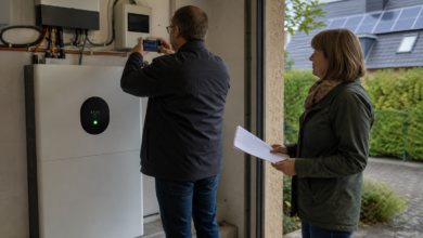 Versicherungssachverständiger dokumentiert eine Photovoltaikanlage mit Batteriespeicher [Bildinhalt mit KI erstellt]