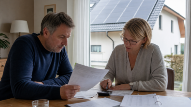 Hausbesitzer bespricht mit einer Steuerberaterin die Abrechnung einer Photovoltaikanlage [Bildinhalt mit KI erstellt]