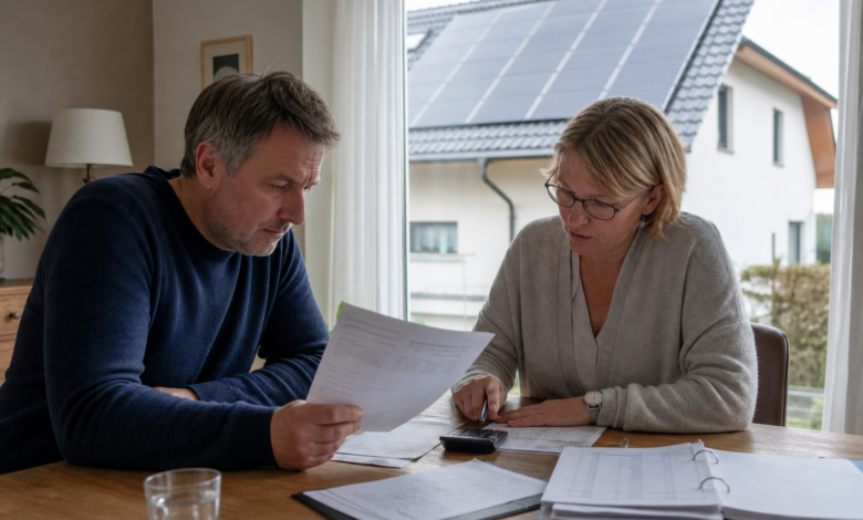 Hausbesitzer bespricht mit einer Steuerberaterin die Abrechnung einer Photovoltaikanlage [Bildinhalt mit KI erstellt]