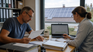 Unternehmer und Buchhalterin prüfen Unterlagen zur Besteuerung von PV-Strom [Bildinhalt mit KI erstellt]