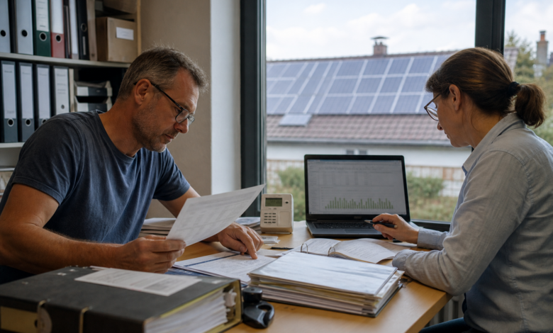 Unternehmer und Buchhalterin prüfen Unterlagen zur Besteuerung von PV-Strom [Bildinhalt mit KI erstellt]