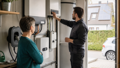 Elektriker konfiguriert die Steuerung von PV-Überschuss im Hauswirtschaftsraum [Bildinhalt mit KI erstellt]
