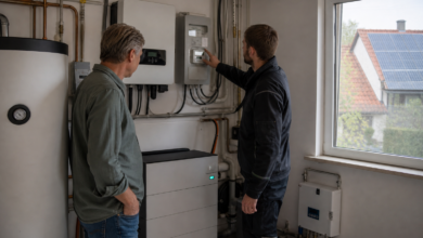 Techniker prüft ein Haussystem aus Photovoltaik, Batteriespeicher und Wärmepumpe [Bildinhalt mit KI erstellt]