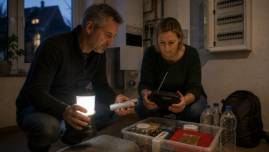 Paar prüft die Notfallausrüstung zur Vorbereitung auf einen Rolling Blackout [Bildinhalt mit KI erstellt]