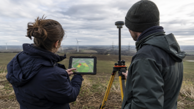 Planer prüfen Satellitendaten und Geländemessungen für ein Energieprojekt [Bildinhalt mit KI erstellt]