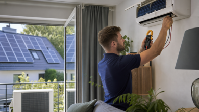 Techniker misst eine Klimaanlage, die mit Strom aus der Photovoltaikanlage betrieben wird [Bildinhalt mit KI erstellt]