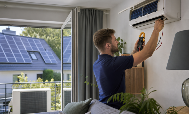Techniker misst eine Klimaanlage, die mit Strom aus der Photovoltaikanlage betrieben wird [Bildinhalt mit KI erstellt]