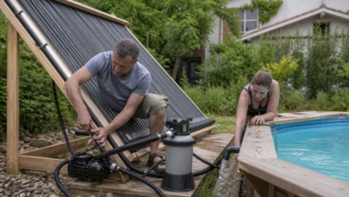 Erwachsene bauen einen schwarzen Rohrkollektor für eine Solar-Poolheizung [Bildinhalt mit KI erstellt]