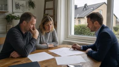 Hausbesitzer besprechen die Finanzierung einer geplanten Photovoltaikanlage [Bildinhalt mit KI erstellt]