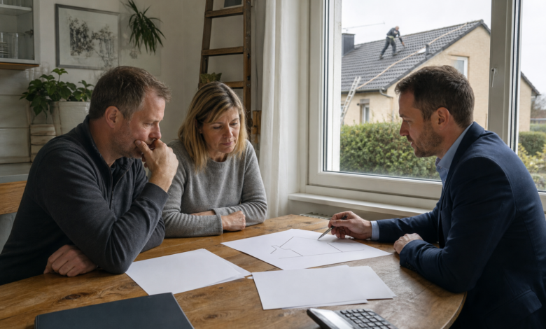 Hausbesitzer besprechen die Finanzierung einer geplanten Photovoltaikanlage [Bildinhalt mit KI erstellt]