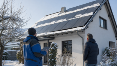 Techniker und Hausbesitzer bewerten den Winterertrag einer schneebedeckten Solaranlage [Bildinhalt mit KI erstellt]
