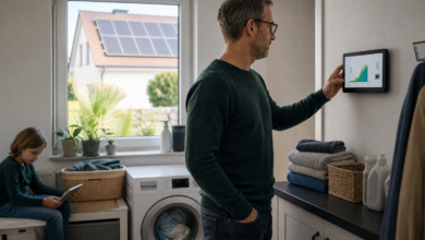 Familie nutzt selbst erzeugten Solarstrom für Haushaltsgeräte und spart Energie [Bildinhalt mit KI erstellt]