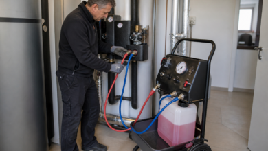 Heizungstechniker wechselt Solarflüssigkeit mit einer professionellen Spülstation [Bildinhalt mit KI erstellt]