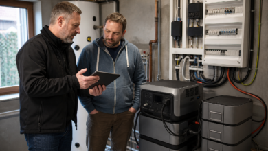 Energieberater plant mit einem Hausbesitzer einen Solargenerator für ein ganzes Haus [Bildinhalt mit KI erstellt]