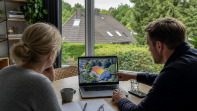 Energieberater und Hausbesitzer prüfen das Solarpotenzial eines Dachs am Laptop [Bildinhalt mit KI erstellt]
