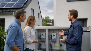 Nachbarn besprechen mit einem Messtechniker die gemeinsame Solarstrom-Abrechnung [Bildinhalt mit KI erstellt]