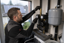 Heizungstechniker entlüftet die Pumpengruppe einer Solarthermieanlage [Bildinhalt mit KI erstellt]
