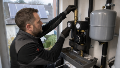 Heizungstechniker entlüftet die Pumpengruppe einer Solarthermieanlage [Bildinhalt mit KI erstellt]