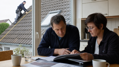 Hausbesitzer bespricht die Förderung einer geplanten Solarthermieanlage mit einer Energieberaterin [Bildinhalt mit KI erstellt]