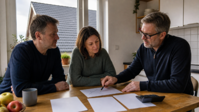 Energieberater erläutert Hausbesitzern Kosten und Förderung einer Solarthermieanlage [Bildinhalt mit KI erstellt]