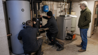 Installateure ergänzen eine bestehende Heizung um Solarthermie und Pufferspeicher [Bildinhalt mit KI erstellt]