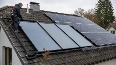 Dach mit getrennten Kollektoren für Solarthermie und Photovoltaik [Bildinhalt mit KI erstellt]
