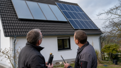 Fachleute vergleichen Solarthermie-Kollektoren und Photovoltaikmodule auf einem Dach [Bildinhalt mit KI erstellt]