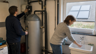 Installateur nimmt einen solar beheizten Warmwasserspeicher in Betrieb [Bildinhalt mit KI erstellt]