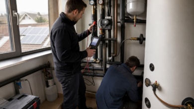 Techniker messen Temperatur und Durchfluss einer Solarthermieanlage [Bildinhalt mit KI erstellt]