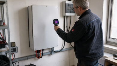 Servicetechniker prüft die Gehäusetemperatur eines 5-kW-Stromspeichers [Bildinhalt mit KI erstellt]