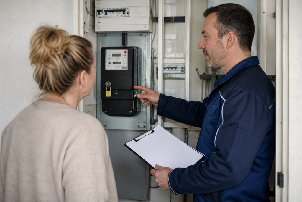 Versorgungstechniker erklärt einer Bewohnerin einen gesperrten Stromzähler [Bildinhalt mit KI erstellt]