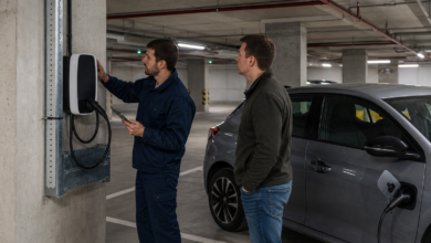 Elektriker prüft eine Wallbox-Installation in einer Tiefgarage [Bildinhalt mit KI erstellt]