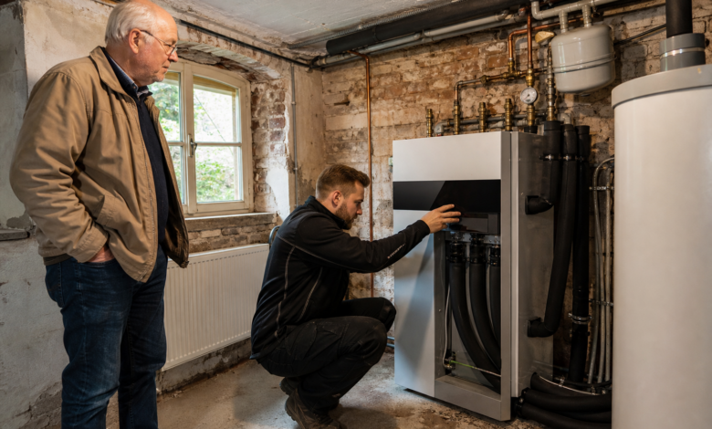 Heizungstechniker prüft eine neu installierte Wärmepumpe im Keller eines Altbaus [Bildinhalt mit KI erstellt]