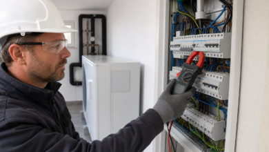 Elektriker misst die elektrische Anschlussleistung einer Wärmepumpe [Bildinhalt mit KI erstellt]