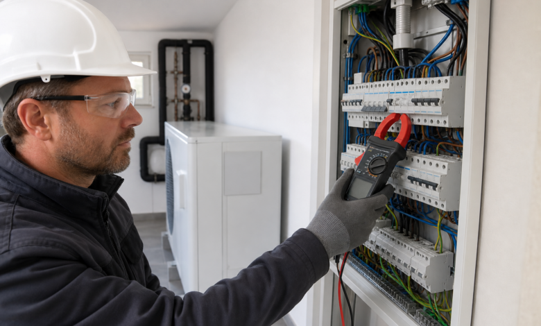 Elektriker misst die elektrische Anschlussleistung einer Wärmepumpe [Bildinhalt mit KI erstellt]