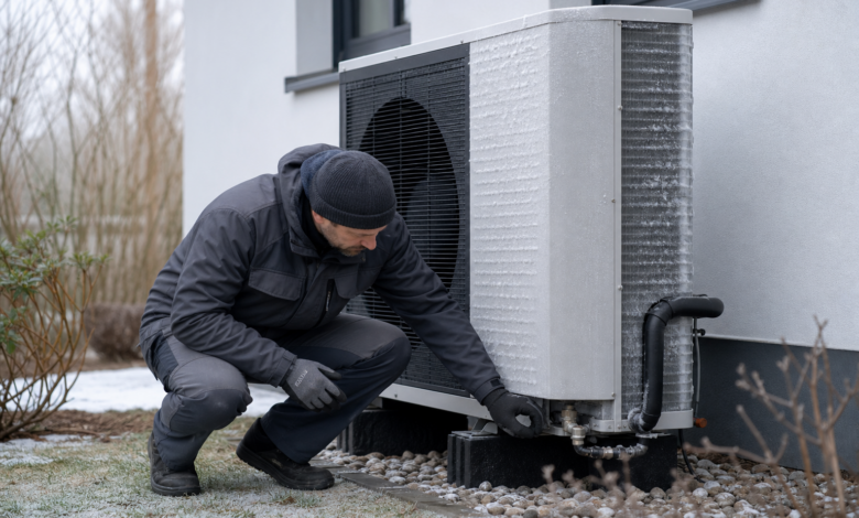 Servicetechniker kontrolliert Frostschutz und Kondensatablauf eines Wärmepumpen-Außengeräts [Bildinhalt mit KI erstellt]
