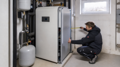 Techniker prüft Platzbedarf und Wartungszugang einer innen aufgestellten Wärmepumpe [Bildinhalt mit KI erstellt]