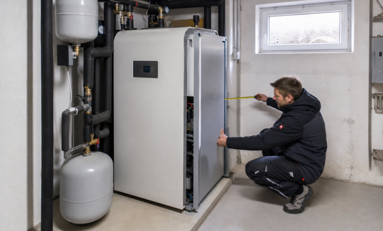 Techniker prüft Platzbedarf und Wartungszugang einer innen aufgestellten Wärmepumpe [Bildinhalt mit KI erstellt]