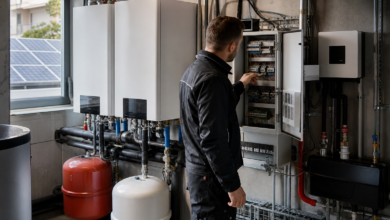 Techniker kontrolliert die Kaskadenschaltung mehrerer Wärmepumpen mit Photovoltaik [Bildinhalt mit KI erstellt]