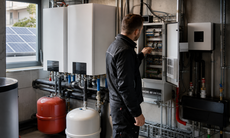 Techniker kontrolliert die Kaskadenschaltung mehrerer Wärmepumpen mit Photovoltaik [Bildinhalt mit KI erstellt]