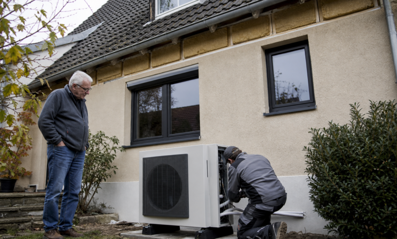 Installateur rüstet ein älteres Wohnhaus nachhaltig mit einer Wärmepumpe nach [Bildinhalt mit KI erstellt]