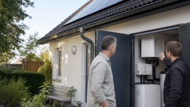 Hausbesitzer und Installateur prüfen eine Wärmepumpe in Kombination mit der Photovoltaikanlage [Bildinhalt mit KI erstellt]
