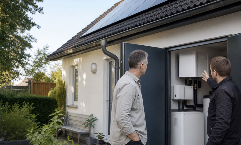 Hausbesitzer und Installateur prüfen eine Wärmepumpe in Kombination mit der Photovoltaikanlage [Bildinhalt mit KI erstellt]