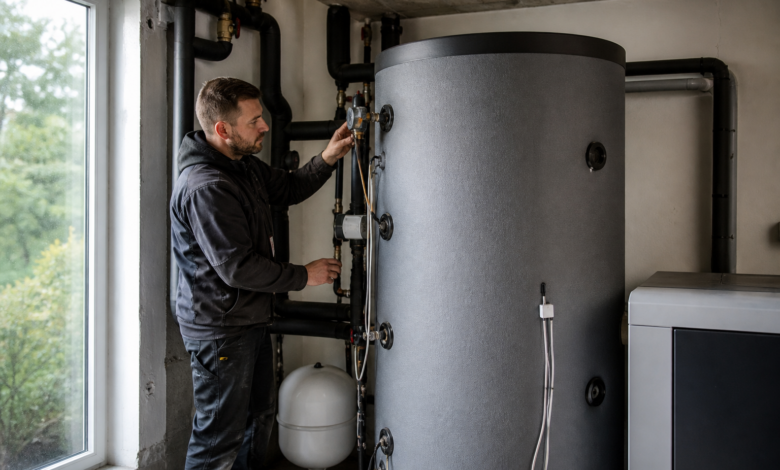 Heizungstechniker prüft den Pufferspeicher einer Wärmepumpenanlage [Bildinhalt mit KI erstellt]