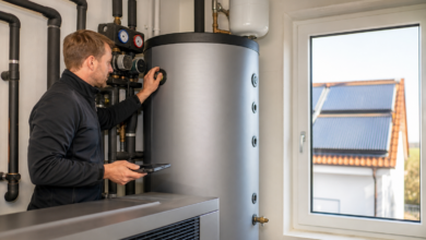 Techniker prüft die hydraulische Kombination aus Wärmepumpe und Solarthermie [Bildinhalt mit KI erstellt]