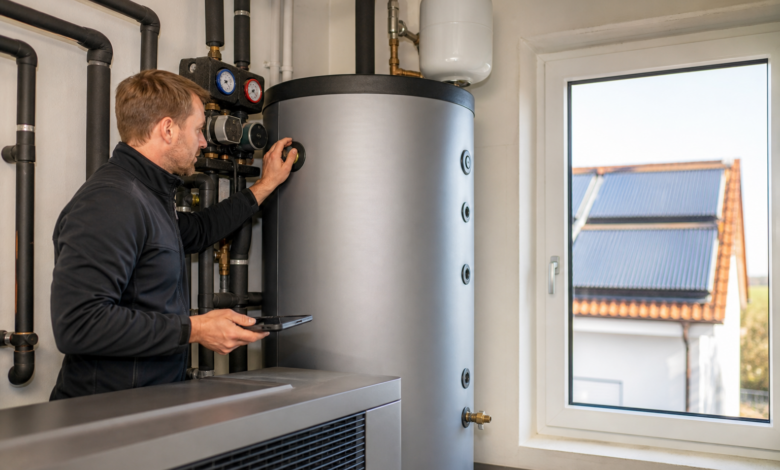 Techniker prüft die hydraulische Kombination aus Wärmepumpe und Solarthermie [Bildinhalt mit KI erstellt]